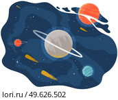 Cartoon red fantastic planet on lilac space background with flying meteorites and comets. Satellites and stars circle around planet in Solar system cartoon cosmic astronomic object in outer space. Solar system of planets, vector illustration with large and small celestial bodies flying in space. Стоковая иллюстрация, агентство Ingram Publishing / Фотобанк Лори