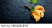 Chebureks, fried crescent-shaped cakes with meat filling. Copy space. Delicious chebureks, space for text. Стоковое фото, агентство Ingram Publishing / Фотобанк Лори