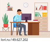 Upset businessman experiencing stress at work because of the bed news and office chaos. Man sitting at a table with computer looking at the monitor, character holding his head with his hands in fear. Upset young businessman experiencing stress at work because of the bed news and office chaos. Стоковая иллюстрация, агентство Ingram Publishing / Фотобанк Лори