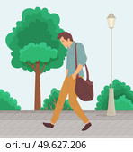 Unhappy man walks down street with a bag on the shoulder. A frustrated person goes to work. Young guy resentful man in depression outdoors. Unnerved male character in casual clothes for a walk. Unhappy man walks down street with a bag on the shoulder. A frustrated person goes to work. Стоковая иллюстрация, агентство Ingram Publishing / Фотобанк Лори