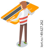 A man standing holding his credit card isolated on white back view. Tiny male character and big plastic bank card turned opposite side. Concept of cashless financial transactions, big shopping. Man standing holding credit card isolated on white back view. Tiny male character and big bank card. Стоковая иллюстрация, агентство Ingram Publishing / Фотобанк Лори