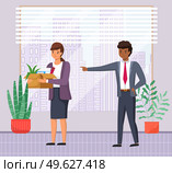 Angry man boss dismissed employee points with hand. Unhappy girl leave the office with things in box. Unemployment dismissal of fellow workers. Crisis, jobless and employee job reduction concept. Angry man boss dismissed employee points with hand. Unhappy girl leave the office with things in box. Стоковая иллюстрация, агентство Ingram Publishing / Фотобанк Лори
