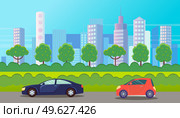 Cars drive on an asphalt road against the background of tall buildings of the city landscape. Panorama urban road summertime flat vector illustration. Road trips and freight, automobile transport. Cars drive on an asphalt road against the background of tall buildings of the city landscape. Стоковая иллюстрация, агентство Ingram Publishing / Фотобанк Лори