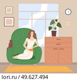 Girl watching TV with popcorn on the sofa in living room flat cartoon vector illustration. Female character rests sitting on armchair at home. Young woman spends her free time at home alone. Girl watching TV with popcorn on the sofa in living room flat cartoon vector illustration. Стоковая иллюстрация, агентство Ingram Publishing / Фотобанк Лори