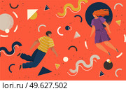 People flying in abstract imaginary space organizing geometric shapes. Young man and woman collecting figures. Teamwork and team building organization concept. Coworking and business partnership. People flying in abstract imaginary space organizing different geometric shapes. Teamwork concept. Стоковая иллюстрация, агентство Ingram Publishing / Фотобанк Лори