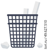 Cartoon office trash recycle bin for garbage. Wastepaper basket full isolated. Trash can with crumpled paper inside and around. Office, home litter bin for thrown sheets, wastepaper garbage basket. Cartoon office trash recycle bin for garbage. Wastepaper basket gray isolated on white background. Стоковая иллюстрация, агентство Ingram Publishing / Фотобанк Лори