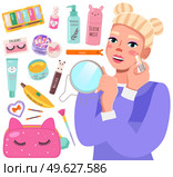 Makeup master class banner with beautiful young woman, modern cartoon style. Blonde beauty lady applies blush looks in the mirror. Make-up accessories, skin care products flat vector illustration. Makeup master class banner with beautiful young woman, make-up accessories, skin care products. Стоковая иллюстрация, агентство Ingram Publishing / Фотобанк Лори