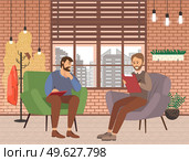 Two men are sitting in chairs in the room making notes in nitebooks holding paper and pen. Buiness man, manager or superviser or interviewer. Male character, journalist writing down some information. Two men are sitting in chairs in the room making notes in nitebooks holding paper and pen. Стоковая иллюстрация, агентство Ingram Publishing / Фотобанк Лори