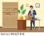 Layoff concept. Boss dismissed employee. Unhappy fired man leave the office with things in boxes. Unemployment dismissal of fellow workers. Crisis, jobless and employee job reduction concept. Layoff concept. Boss dismissed employee. Unhappy fired man leave the office with things in boxes. Стоковая иллюстрация, агентство Ingram Publishing / Фотобанк Лори