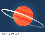 Cartoon red fantastic planet on dark blue space background. Saturn made of gases with ring of ice and dust. Sixth planet from Sun in Solar system isolated cartoon vector illustration cosmic object. Cartoon red fantastic planet on dark blue space background. Saturn made of gases with ring of ice. Стоковая иллюстрация, агентство Ingram Publishing / Фотобанк Лори