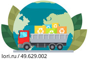 Truck transporting recycled objects. Car with garbage on background of planet. Truck with containers for recycling and waste-free disposal without harm to environment. World globe vector illustration. Truck transporting recycled objects in containers. Car with garbage on background of planet. Стоковая иллюстрация, агентство Ingram Publishing / Фотобанк Лори