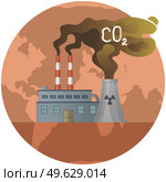 Plant emits smoke and smog from pipes. Pollutants enter atmosphere. Environmental disaster. Harmful emissions. Exhaust gases. Carbon dioxide emissions into air. Dried, hot and red planet globe. Dried, hot and red planet globe. Plant emits smoke and smog from pipes. Pollutants enter atmosphere. Стоковая иллюстрация, агентство Ingram Publishing / Фотобанк Лори