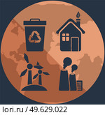 Silhouettes of objects destroying and saving ecology of Earth on background of planet. Waste recycling, use of alternative energy sources without harm to environment. Outlines of plants polluting air. Silhouettes of objects destroying and saving ecology of Earth on background of world globe. Стоковая иллюстрация, агентство Ingram Publishing / Фотобанк Лори