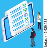 Online form survey on tablet. Colleagues check blank. Men in business suit discussing answer sheet. People look at quiz exam paper document. Businessmen checking correctness of questionnaire. Online form survey on tablet. Colleagues check blank. Men in business suit discussing answer sheet. Стоковая иллюстрация, агентство Ingram Publishing / Фотобанк Лори