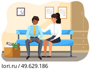 Man and woman sitting on the bench in office upset business people in sad feeling and emotional concept. A colleague consoles a frustrated employee. Problems at work and in career, staff reduction. Man and woman sitting on the bench upset business people in sad feeling and emotional concept. Стоковая иллюстрация, агентство Ingram Publishing / Фотобанк Лори
