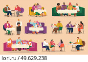 Eating people in cafe or restaurant, collection of illustrations, friends spend leisure time together, arabic girls making selfie, coffee break, chinese cuisine, family eat delicious meal, waiter. Eating people in cafe or restaurant, collection of illustrations friends spend leisure time together. Стоковая иллюстрация, агентство Ingram Publishing / Фотобанк Лори
