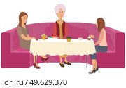 Two girls and a elderly gray-haired woman are sitting at a table on a big red sofa. Consultation with a psychologist in a cafe with cups of tea and cakes. Grandmother communicates with two women. Two girls and a elderly gray-haired woman are sitting at a table on a big red sofa in a restaurant. Стоковая иллюстрация, агентство Ingram Publishing / Фотобанк Лори
