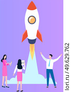 Happy people cheerfully escort space rocket upward, wave hand. Project start up and development process. Innovation product creative idea. Successful business management for new plan, forward control. Happy people cheerfully escort space rocket upward. Project start up and development process. Стоковая иллюстрация, агентство Ingram Publishing / Фотобанк Лори