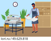 Man works with equipment cuts paper wide format. Printshop and polygraphy office worker. Typography concept. Printing house advertising agency, polygraphy industry with professional cutting machine. Man works with equipment cuts paper wide format. Printshop, typography and polygraphy office worker. Стоковая иллюстрация, агентство Ingram Publishing / Фотобанк Лори