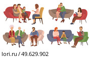 A set of scenes about psychotherapy sessions. People sit at the reception of a specialist. Different psychologists write down their patients problems on paper isolated on white background. A set of scenes about psychotherapy sessions. People sit at the reception of a specialist. Стоковая иллюстрация, агентство Ingram Publishing / Фотобанк Лори