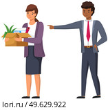 Layoff concept. Angry man boss dismissed employee. Unhappy girl leave the office with things in box. Unemployment dismissal of fellow workers. Crisis, jobless and employee job reduction concept. Layoff concept. Angry man boss dismissed employee. Unhappy girl leave the office with things in box. Стоковая иллюстрация, агентство Ingram Publishing / Фотобанк Лори
