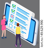 People studying questionnaire. Male and female characters checking exam. Online test concept. Man stands with printout of statistical chart. Woman with clipboard in her hands vector illustration. People studying questionnaire. Male and female characters checking exam. Online test concept. Стоковая иллюстрация, агентство Ingram Publishing / Фотобанк Лори