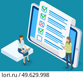 Online form survey on tablet. Colleagues check blank using technology. People working with electronic equipment. Girl sits with laptop while woman looks at tablet screen. Women look at quiz exam paper. Online form survey on tablet. Colleagues check blank using technology. People working with computer. Стоковая иллюстрация, агентство Ingram Publishing / Фотобанк Лори