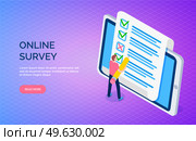 Online survey landing page template with man makes marks in list. Customer service feedback on phone. Student fills out questionnaire on tablet. Sociological research collecting opinion of respondents. Online survey landing page template with man makes marks in list. Customer service feedback on phone. Стоковая иллюстрация, агентство Ingram Publishing / Фотобанк Лори
