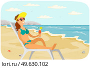 Recreation near sea vector illustration. Smiling girl is sitting in sun lounger with cocktail and tanning. Female character is sunbathing at resort. Woman resting and spending time at sandy beach. Smiling girl is sitting in sun lounger with cocktail and tanning. Woman is sunbathing at resort. Стоковая иллюстрация, агентство Ingram Publishing / Фотобанк Лори