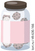 Glass jar with airtight seal wood lid and pink label. Kitchen eco friendly container isolated on white background. Jar of chocolate chip cookies inside. Container for storing biscuits in kitchen. Jar of chocolate chip cookies inside. Container for storing biscuits in kitchen vector illustration. Стоковая иллюстрация, агентство Ingram Publishing / Фотобанк Лори
