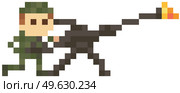Soldier in military uniform for pixel game design. Man armed with machine gun prepares for attack vector illustration. Soldier in protective camouflage clothing holds weapon and fires flamethrower. Soldier in protective camouflage clothing holds weapon and fires flamethrower for pixel game design. Стоковая иллюстрация, агентство Ingram Publishing / Фотобанк Лори