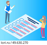 People discuss questionnaire. Colleagues in business suit looking at survey and communicating. Girl talking on phone. Man stands with sheet of paper and talks. Employees look at quiz exam document. People discuss questionnaire. Colleagues in business suit looking at survey and communicating. Стоковая иллюстрация, агентство Ingram Publishing / Фотобанк Лори