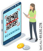 Businesswoman scanning qr code via mobile phone scanner device isometric vector illustration, future recognition technology, information data barcode isolated on white background. QR code verification. Businesswoman scanning qr code via mobile phone scanner device isometric vector illustration. Стоковая иллюстрация, агентство Ingram Publishing / Фотобанк Лори