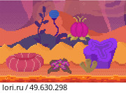 Pixel game interface layout design. Strange street with alien plants and flowers. Pixel game vector illustration. Space road to goal with plants, colorful flowers and objects. Design for mobile app. Strange street with alien plants and flowers. Space road, way to goal with unknown objects. Стоковая иллюстрация, агентство Ingram Publishing / Фотобанк Лори