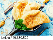 Chebureks, fried crescent-shaped cakes with meat filling. Homemade fried cheburek pies. Delicious appetizing, chebureks. Стоковое фото, агентство Ingram Publishing / Фотобанк Лори