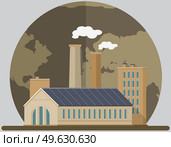 Manufactures and plants pollute air and atmosphere. Construction buildings against background of destroyed planet. Energy production factory, enterprise and disastrous emissions of smoke and smog. Manufactures and factories pollute air and atmosphere. Enterprise on background of destroyed planet. Стоковая иллюстрация, агентство Ingram Publishing / Фотобанк Лори