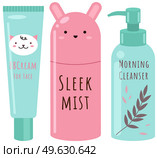 Face and body skin care products. Set of tubes and vials cosmetics. Tools for beauty and skin health. Vector illustration isolated on white background. Cleansing and moisturizing korean cosmetics. Face and body skin care products. Set of tubes and vials cosmetics. Tools for beauty and skin health. Стоковая иллюстрация, агентство Ingram Publishing / Фотобанк Лори