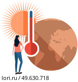 Earth global warming poster. Dried, hot, sweaty and red planet globe. Girl looking at thermometer measuring temperature of air and water on planet. Saving Earth and environmental care concept. Girl looking at thermometer measuring temperature of air and water on planet. Global warming poster. Стоковая иллюстрация, агентство Ingram Publishing / Фотобанк Лори