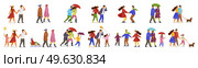 Big set of people. Married couple, men, women, children, pets. People dressed for year season. Seasons changing. Engaged in different activities. Family couples with umbrellas, sledges, dogs. People walk with umbrellas, children, sledges, dogs, ride on ice, enjoy the heat. Family walks. Стоковая иллюстрация, агентство Ingram Publishing / Фотобанк Лори