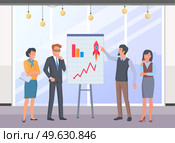 Office meeting businessmen discussing report. A man makes a presentation to colleagues. Business people talking communicating about presentation with graphs and charts with a successful startup. Office meeting businessmen discussing report. A man makes a sturtup presentation to colleagues. Стоковая иллюстрация, агентство Ingram Publishing / Фотобанк Лори