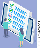 Online form survey on tablet. Colleagues check blank. Women discussing answer sheet. People look at quiz exam paper document. Businesswomen checking correctness of questionnaire and discussing. Women discussing answer sheet. Businesswomen checking correctness of questionnaire and discussing. Стоковая иллюстрация, агентство Ingram Publishing / Фотобанк Лори