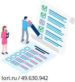 Student fills out questionnaire with pencil. Woman with clipboard vector illustration. Offline exam concept. Girl with file folder with star image in her hands. Man standing near big checklist. Student fills out questionnaire. Woman with clipboard vector illustration. Offline exam concept. Стоковая иллюстрация, агентство Ingram Publishing / Фотобанк Лори