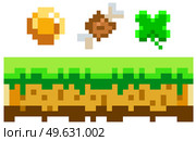 Pixelated symbols of items collected during game against background of ground and grass platform. Pixel-game interface layout design with golden coin, leaf, meat bone. Pixel 8 bit retro video game. Pixelated symbols of items collected during game against background of ground and grass platform. Стоковая иллюстрация, агентство Ingram Publishing / Фотобанк Лори