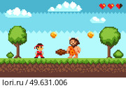 Pixel art game battle of ninja dressed in kimono and caveman wearing animal pelt with baton. Men fighting in forest near trees against sky. Pixel-game scene with primitive man, battler, golden coin. Pixel game battle scene with ninja dressed in kimono and caveman wearing animal pelt with baton. Стоковая иллюстрация, агентство Ingram Publishing / Фотобанк Лори