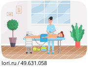 Masseur is massaging body of patient with special equipment. Therapist gives massage to woman lying on couch. Girl touches back of client with ultrasonic device. Massage procedures in medical clinic. Masseur is massaging body with special equipment. Girl touches back of client with ultrasonic device. Стоковая иллюстрация, агентство Ingram Publishing / Фотобанк Лори