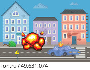 City with long road along houses destroyed by explosions. Ruined city downtown landscape with damaged buildings. Design for mobile app, computer game. Passenger car with deformed roof is burning. City with long road along houses destroyed by explosions. Car with deformed roof is burning. Стоковая иллюстрация, агентство Ingram Publishing / Фотобанк Лори