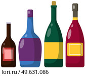 Different bottles of alcohol. Alcoholic drinks in glass containers with stoppers. Drinks of different strength and alcohol content. Wine, champagne, rum, whiskey in bottles vector illustration. Different bottles of alcohol. Alcoholic drinks of different strength in glass containers with cork. Стоковая иллюстрация, агентство Ingram Publishing / Фотобанк Лори