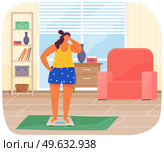 Plump woman stands on scales in living room at home, lady upset with weight. Woman unhappy with parameters of her body. Female began to engage in her body. Overweight girl wants to be healthy, slim. Plump woman stands on scales, lady upset with weight. Woman unhappy with parameters of her body. Стоковая иллюстрация, агентство Ingram Publishing / Фотобанк Лори