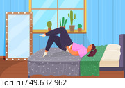 Thick girl puts on skinny jeans lies on bed, young fat woman relaxing in mattress in bedroom. Female character puts on pants while lying on couch at home in living room isolated. Thick girl puts on skinny jeans lies on bed, young fat woman relaxing in mattress in bedroom. Стоковая иллюстрация, агентство Ingram Publishing / Фотобанк Лори