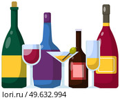 Different bottles of alcohol. Alcoholic drinks in glasses. Drinks of different strength and alcohol content. Wine, champagne, rum, whiskey in bottles. Alcohol decorated to be served to guest at bar. Alcohol decorated to be served to guest at bar. Alcoholic drinks and different cocktails in glasses. Стоковая иллюстрация, агентство Ingram Publishing / Фотобанк Лори